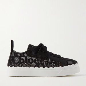 CHLOE - Lauren scalloped logo-detailed lace and leather sneakers